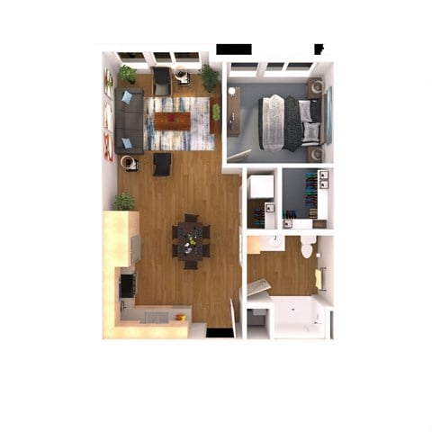 Floor plan for 1 bed, 1 bath, 725 sqft